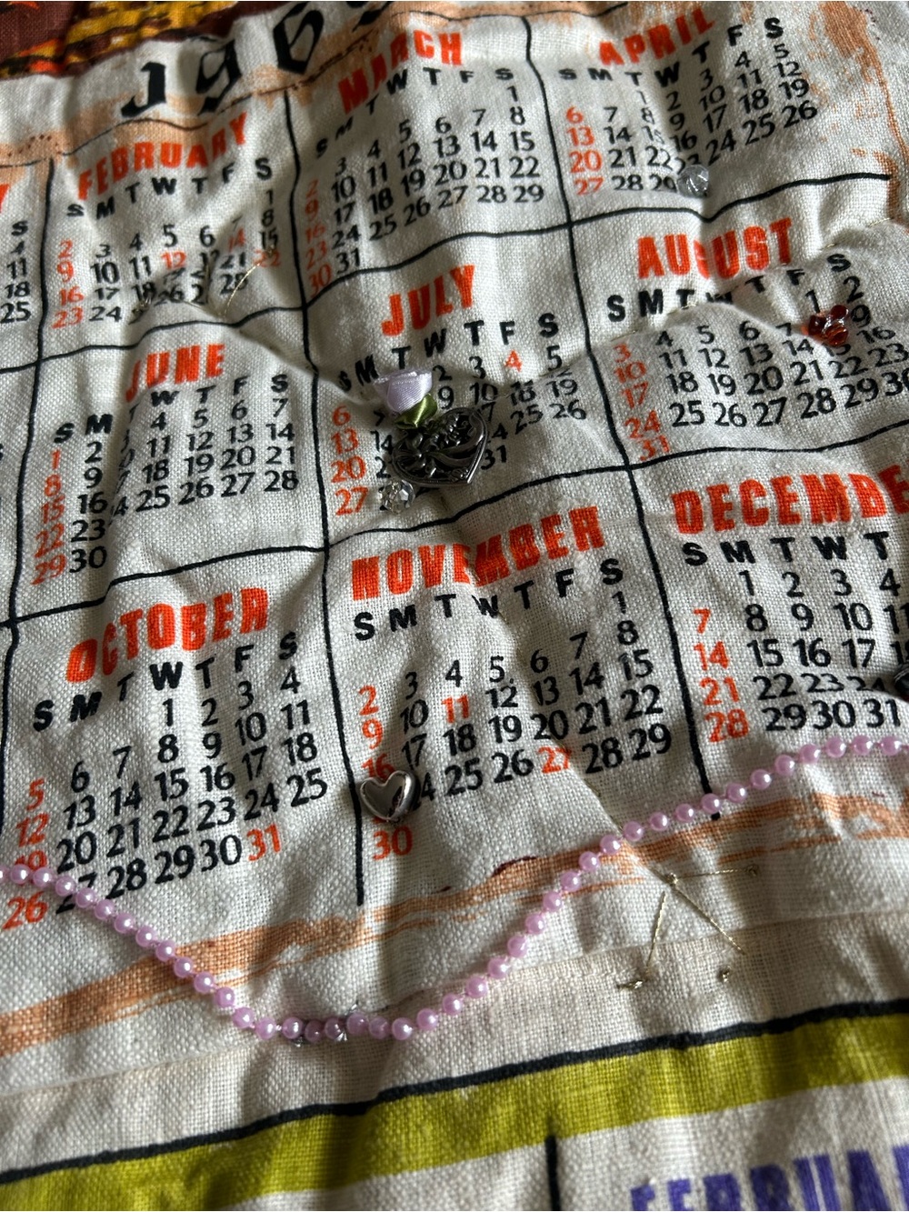 Vintage Fabric Linen Calendar Patchwork Kitsch Quilt Throw 1960s 1970s Mushrooms - Picture 5 of 9